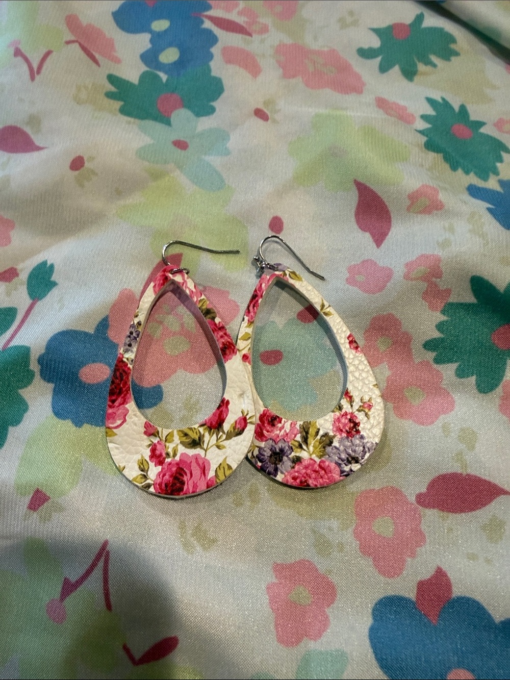 Floral Teardrop Dangle Earrings - Cream with Pink & Purple Flowers